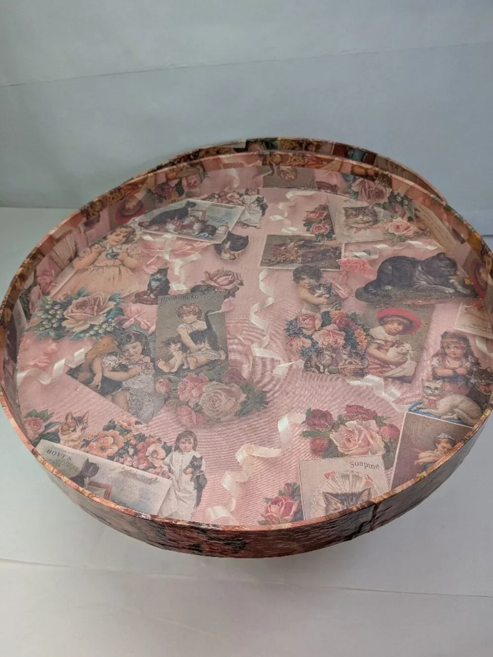 Vintage Victorian Cat Trade Card Collage Hat Box Pink Kittens Storage Case 14